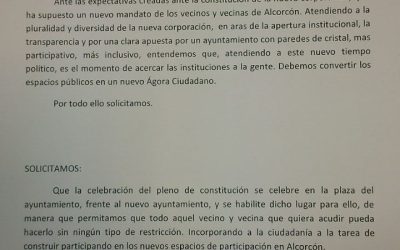 Ganar Alcorcón solicita que el pleno de constitución se celebre en la calle por un Ayuntamiento con paredes de cristal