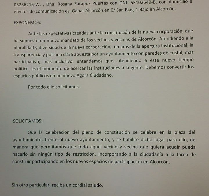 Ganar Alcorcón solicita que el pleno de constitución se celebre en la calle por un Ayuntamiento con paredes de cristal