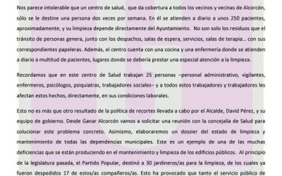 Ganar Alcorcón condena y denuncia las deficiencias de limpieza y mantenimiento que existen en el Centro de Salud Mental de la Avenida de Lisboa.