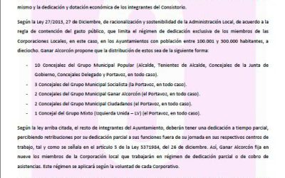 Ganar Alcorcón propone una bajada generalizada de salarios en el Ayuntamiento de Alcorcón.