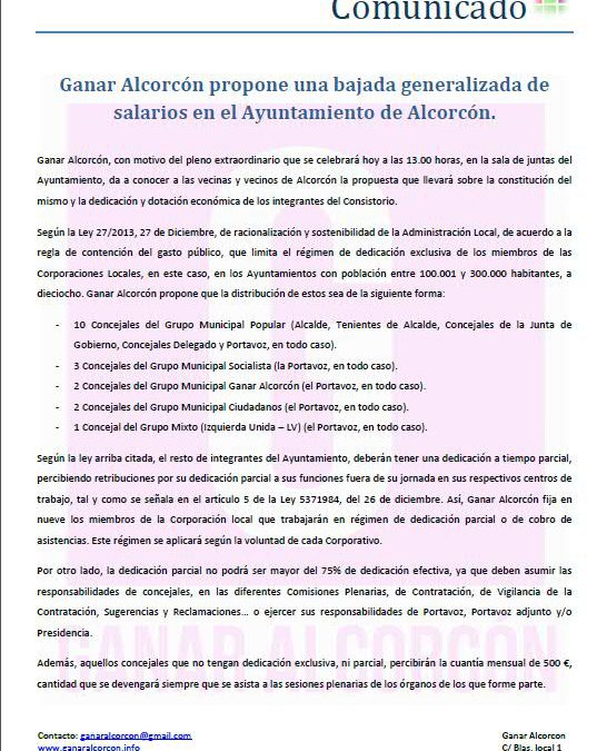 Ganar Alcorcón propone una bajada generalizada de salarios en el Ayuntamiento de Alcorcón.