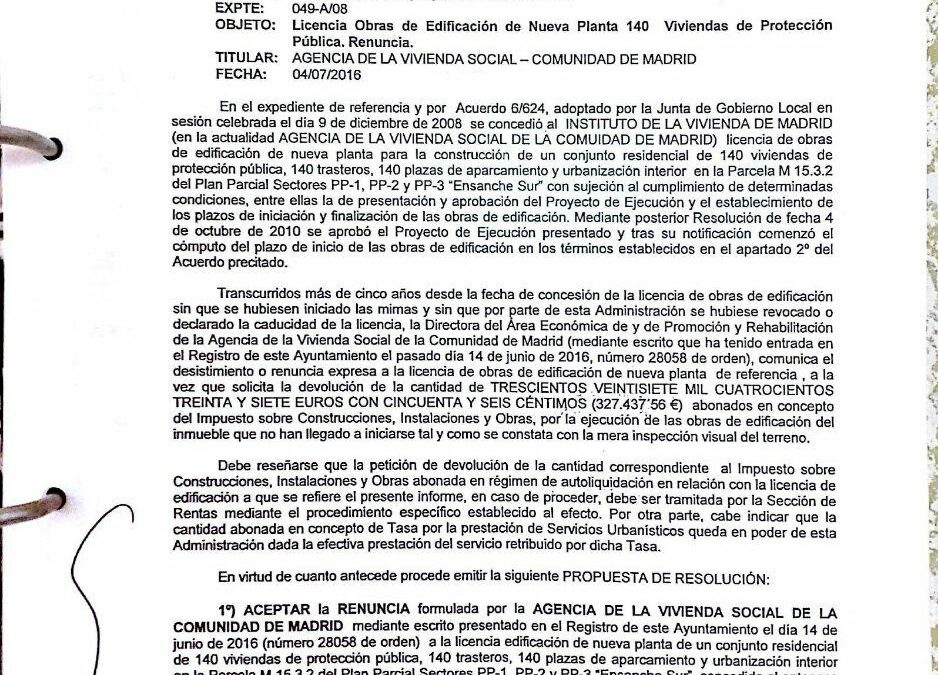 El irresponsable gobierno de Alcorcón permite la renuncia para la construcción de 688 viviendas sociales