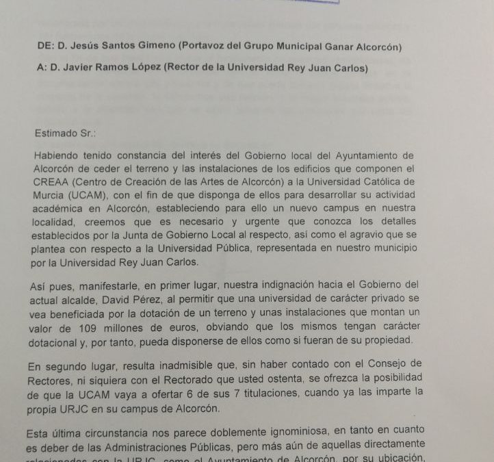 Ganar Alcorcón solicita una reunión a la URJC para valorar la cesión de patrimonio público a una universidad privada