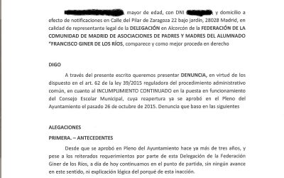La FAPA Giner de los Ríos denuncia al Ayuntamiento por paralizar el Consejo Escolar Municipal desde 2011