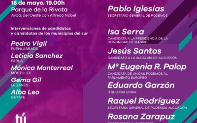 Pablo Iglesias y Jesús Santos intervendrán en el acto de Unidas Podemos en Alcorcón el próximo 18 de mayo